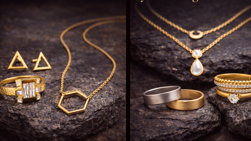 Jewelry design trends showing geometric and layered designs