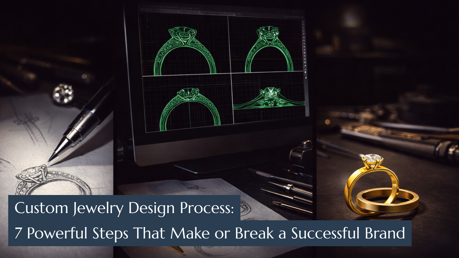 Custom Jewelry Design Process from concept sketch to CAD modeling and final jewelry production